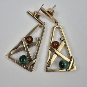 Abstract Geometric Triangle Earrings Green Amber Stone Gold Tone‎ Dangle Vtg 90s